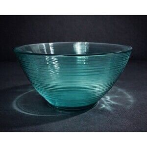 VTG Arcoroc France Teal Ribbed Glass Serving Mixing Bowl 9.25” Aqua Turquoise